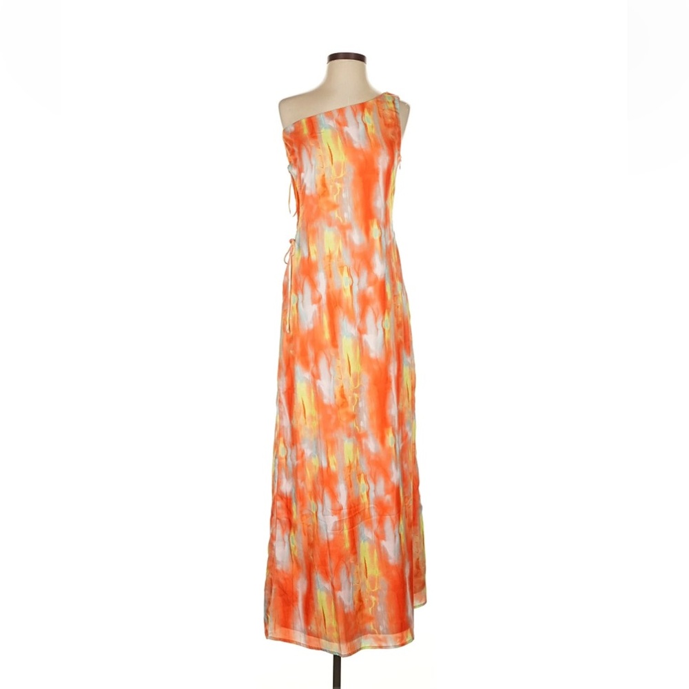 One-Shoulder Orange Watercolor Maxi Dress